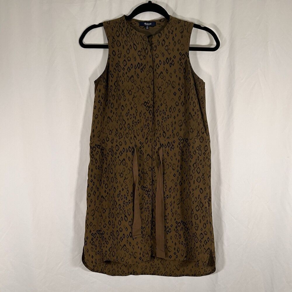 Madewell 100% Silk Dress Women's XS Green Animal Print Sleeveless Tie Front Knee